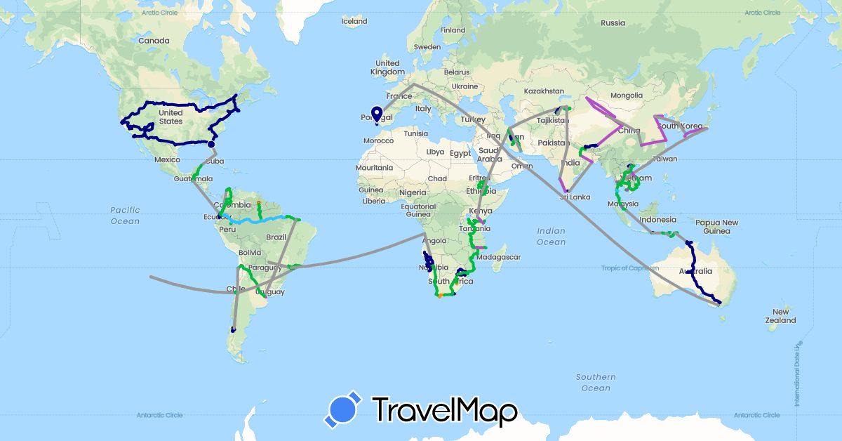 TravelMap itinerary: driving, bus, plane, train, hiking, boat, hitchhiking, motorbike, jeep in Angola, Argentina, Australia, Brazil, Belize, Canada, Chile, China, Colombia, Germany, Ecuador, Ethiopia, Guatemala, Hong Kong, Indonesia, India, Iran, Japan, Kenya, Kyrgyzstan, Cambodia, South Korea, Kazakhstan, Lesotho, Malawi, Mexico, Malaysia, Mozambique, Namibia, Nepal, Peru, Portugal, Qatar, Singapore, Swaziland, Thailand, East Timor, Tanzania, United States, Venezuela, Vietnam, South Africa (Africa, Asia, Europe, North America, Oceania, South America)
