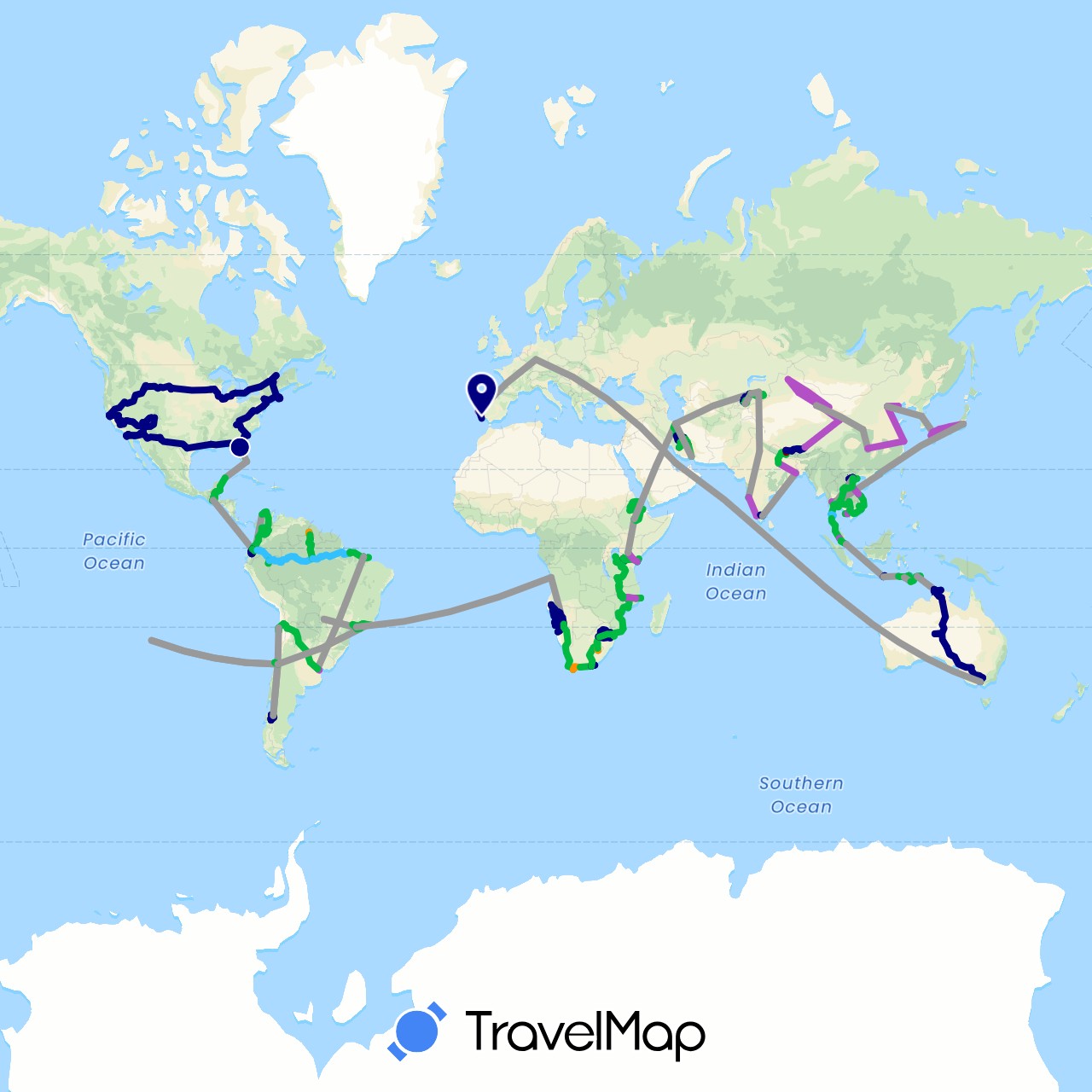 TravelMap itinerary: driving, bus, plane, train, hiking, boat, hitchhiking, motorbike, jeep in Angola, Argentina, Australia, Brazil, Belize, Canada, Chile, China, Colombia, Germany, Ecuador, Ethiopia, Guatemala, Hong Kong, Indonesia, India, Iran, Japan, Kenya, Kyrgyzstan, Cambodia, South Korea, Kazakhstan, Lesotho, Malawi, Mexico, Malaysia, Mozambique, Namibia, Nepal, Peru, Portugal, Qatar, Singapore, Swaziland, Thailand, East Timor, Tanzania, United States, Venezuela, Vietnam, South Africa (Africa, Asia, Europe, North America, Oceania, South America)